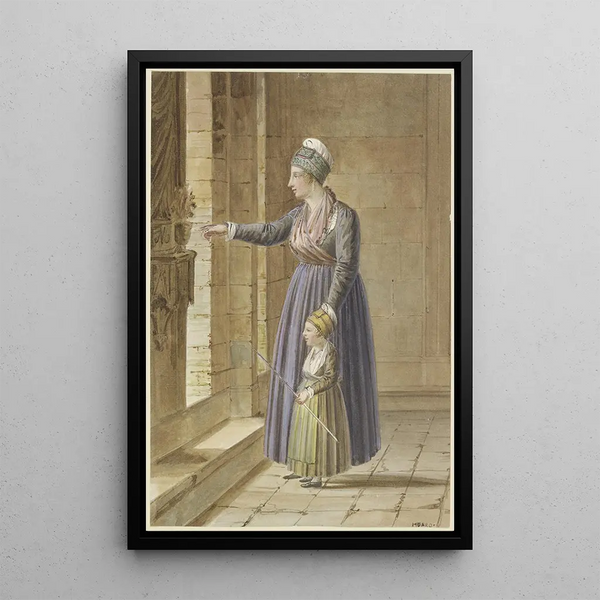 Jonge vrouw met haar dochter in Provençaalse kostuum bij een kerksraam - Pierre Huard — ingelijst kunstwerk aan de muur