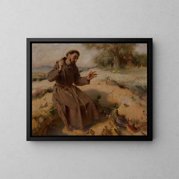 Saint François prêchant aux oiseaux - Pierre Jean Van der Ouderaa — framed artwork on a wall
