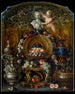 Natuurschilderij met zilveren en gouden voorwerpen, fruit en bloemen - Pierre Nicolas Huilliot — weergave van het kunstwerk