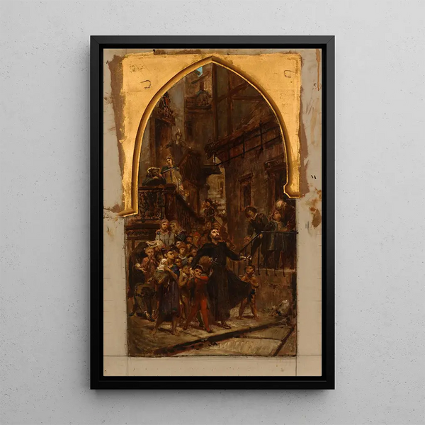 Sint Franciscus-Xaverius die door de straten van Goa loopt om kinderen en slaven op te roepen voor de catechese - Pierre Paul Léon Glaize — ingelijst kunstwerk aan de muur