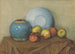 van een appelpot, ronde pot en bord op een tafel - Piet Mondrian — weergave van het kunstwerk