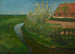 Kanaal van een gekromd irrigatiekanaal langs een boerderij met bloeiende bomen - Piet Mondrian — weergave van het kunstwerk