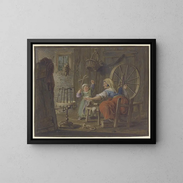 a painting of an old woman spinning thread while a child with a bird - Pieter Bartholomeusz Barbiers — framed artwork on a wall