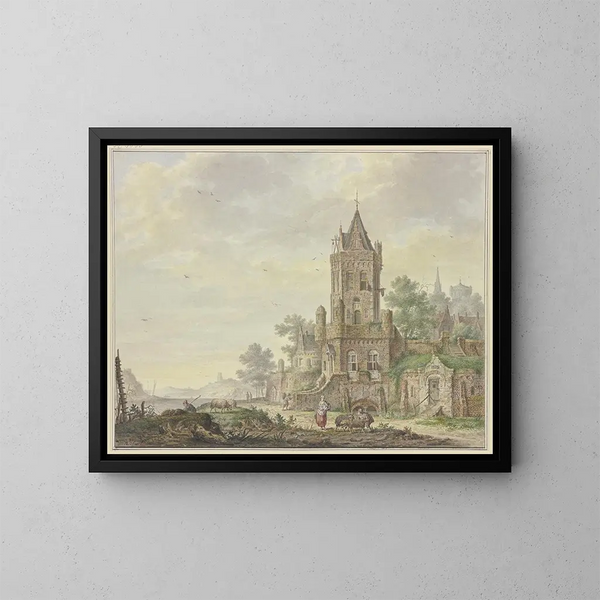 the city with an old bell tower by the water, a woman with a boy and two sheep - Pieter Bartholomeusz Barbiers — framed artwork on a wall