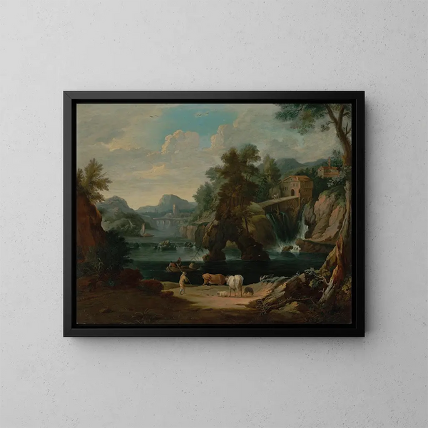 a Cowherd by a River with Cascade - Pieter Bout — framed artwork on a wall