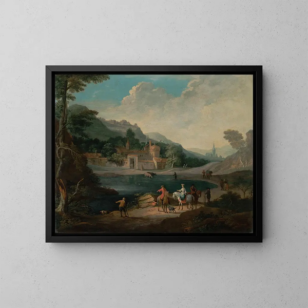 an elegant couple by the lake - Pieter Bout — framed artwork on a wall