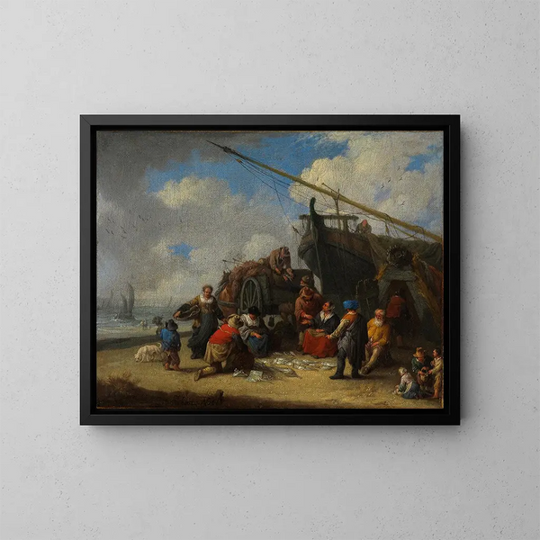 Fish Market on the Beach - Pieter Bout — framed artwork on a wall