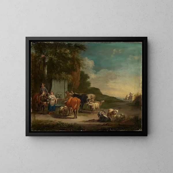 Landscape painting with shepherds and a flock near a well - Pieter Bout — framed artwork on a wall