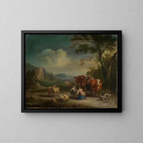 Landscape with Shepherds and Gothic Castle Ruin - Pieter Bout — framed artwork on a wall