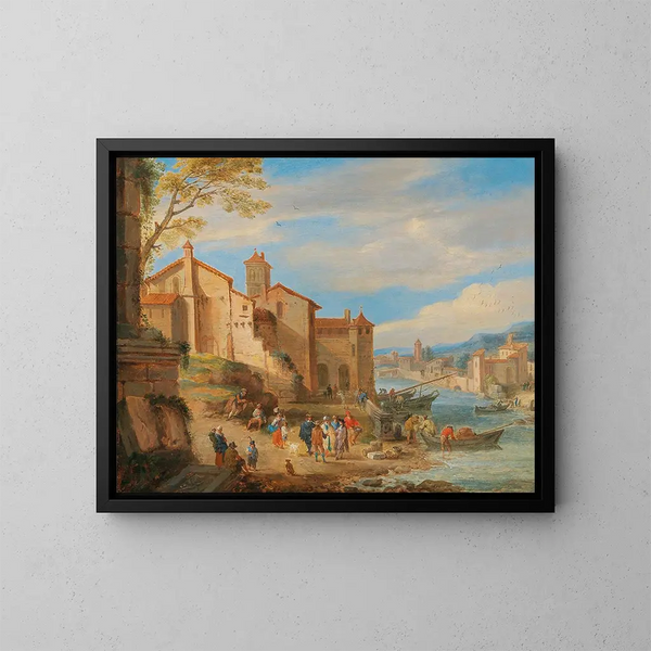 The port of Ripa Grande in Rome with merchants in conversation - Pieter Bout — framed artwork on a wall