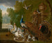Een pauw, een kalkoen, een haan, een kip, duiven, andere vogels en konijnen in een parklandschap - Pieter Casteels III — weergave van het kunstwerk