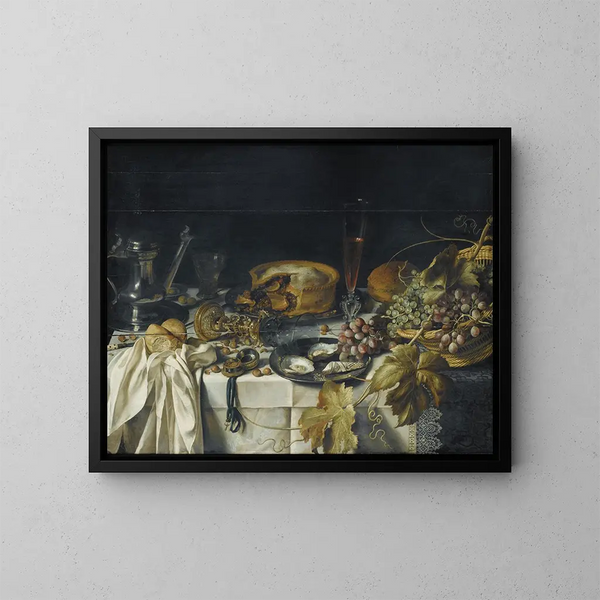 Nature morte with a basket of grapes, a pewter pitcher, and a watch - Pieter Claesz — framed artwork on a wall