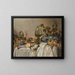 Kleine ontbijttafel of zilverwerk en glaswerk op een gedrapeerde tafel met wijnstokken, fruit en gebak - Pieter Claesz — ingelijst kunstwerk aan de muur