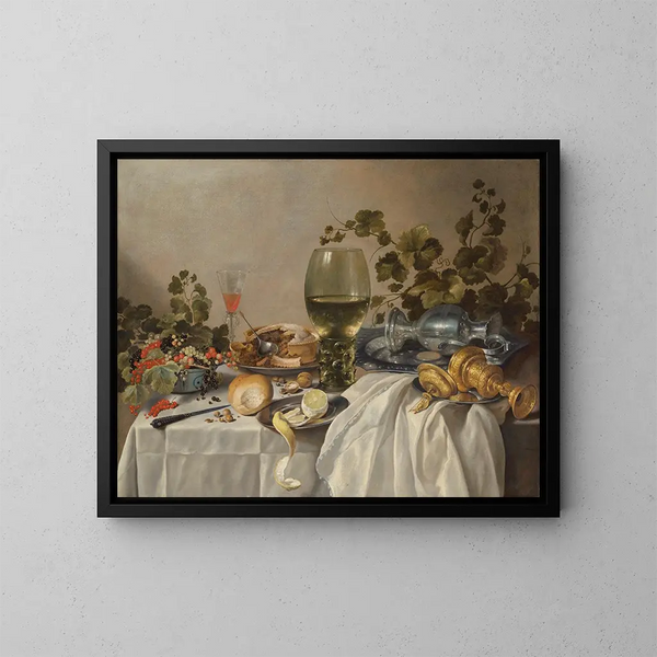 Breakfast or silverware and glassware painting on a draped table with vines, fruits, and pastries - Pieter Claesz — framed artwork on a wall