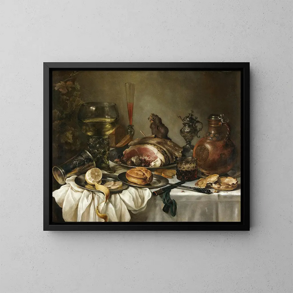 Nature morte with a roemer, a terracotta jug, an overturned silver goblet, a ham, and other objects arranged on a tablecloth - Pieter Claesz — framed artwork on a wall