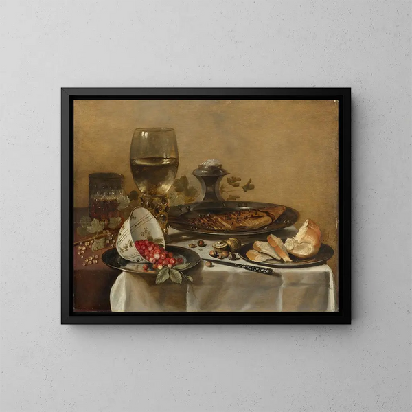 Nature morte with smoked herring, walnuts, white currants, and wild strawberries - Pieter Claesz — framed artwork on a wall