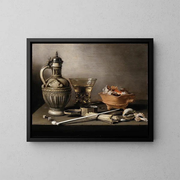 Nature morte with a stoneware jug, a berkemeyer, and smoking utensils - Pieter Claesz — framed artwork on a wall