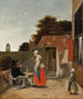 Een man die rookt en een vrouw die drinkt in een binnenplaats - Pieter de Hooch — weergave van het kunstwerk