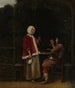 Een vrouw en twee mannen onder een pergola - Pieter de Hooch — weergave van het kunstwerk