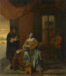 Een interieur scène met een vrouw die luit speelt en een man die viool speelt - Pieter de Hooch — weergave van het kunstwerk