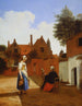 van Delftse binnenplaats 's avonds, een vrouw die weeft - Pieter de Hooch — weergave van het kunstwerk