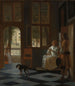 Een man geeft een brief aan een vrouw in de hal van een huis - Pieter de Hooch — weergave van het kunstwerk