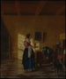 Vrouw met een waterkan en een man bij een bed - Pieter de Hooch — weergave van het kunstwerk