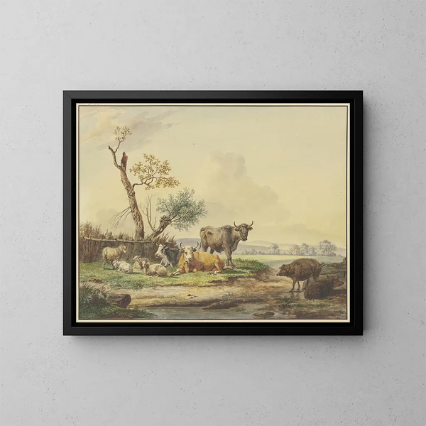 Next to a Fence, Livestock in the Meadow, Two Pigs on the Right - Pieter Gerardus van Os — framed artwork on a wall