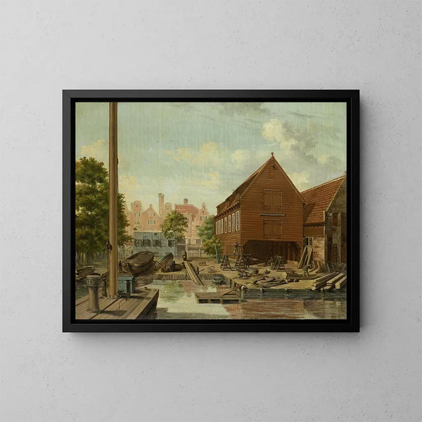 Het scheepswerf DHollandsche Tuin op Bickers Eiland in Amsterdam - Pieter Godfried Bertichen — ingelijst kunstwerk aan de muur