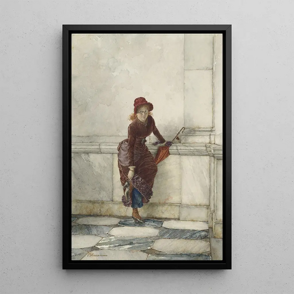 Jonge vrouw staand tegen een muur leunend - Pieter Haaxman — ingelijst kunstwerk aan de muur