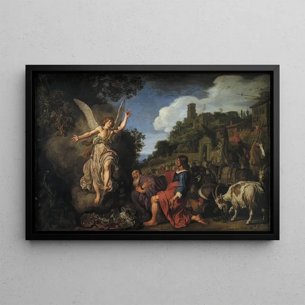 The Angel Raphael takes leave of the old Tobit and his son Tobias - Pieter Lastman — framed artwork on a wall