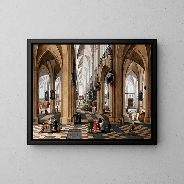 Interior church painting with elegant figures strolling and figures attending mass - Pieter Neeffs the Elder — framed artwork on a wall