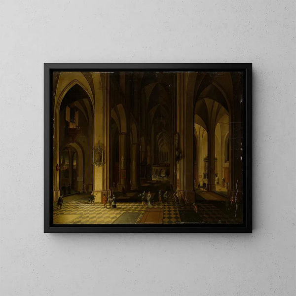 Interior of a Gothic church illuminated by candlelight - Pieter Neeffs the Younger — framed artwork on a wall