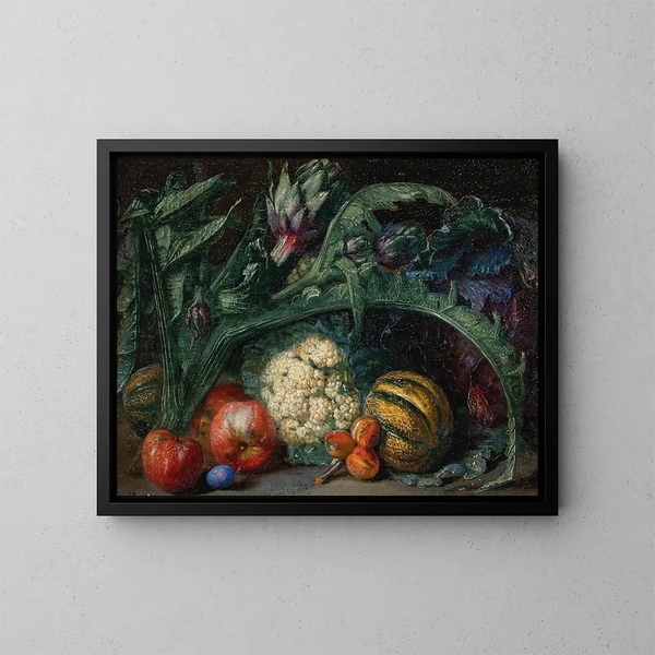 Artichokes, apples and melons on a ledge - Pieter Snyers — framed artwork on a wall