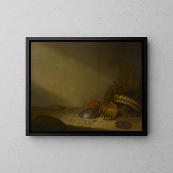 Still life with old dishes - Pieter Symonsz Potter — framed artwork on a wall