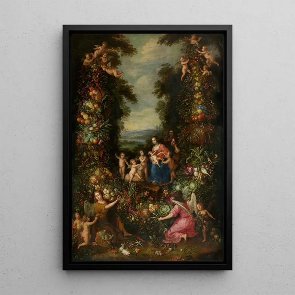 La Sainte Famille avec le petit Saint Jean-Baptiste entourée d'une guirlande de fleurs légumes et fruits - Pieter van Avont — ingelijst kunstwerk aan de muur