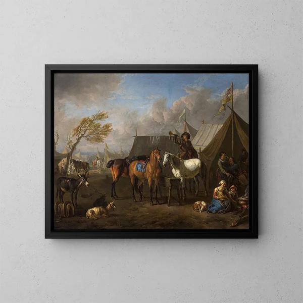 Scene of camp with a trumpeter - Pieter van Bloemen — framed artwork on a wall