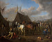 Kamperen scène met een vrouw bij het kampvuur links - Pieter van Bloemen — weergave van het kunstwerk