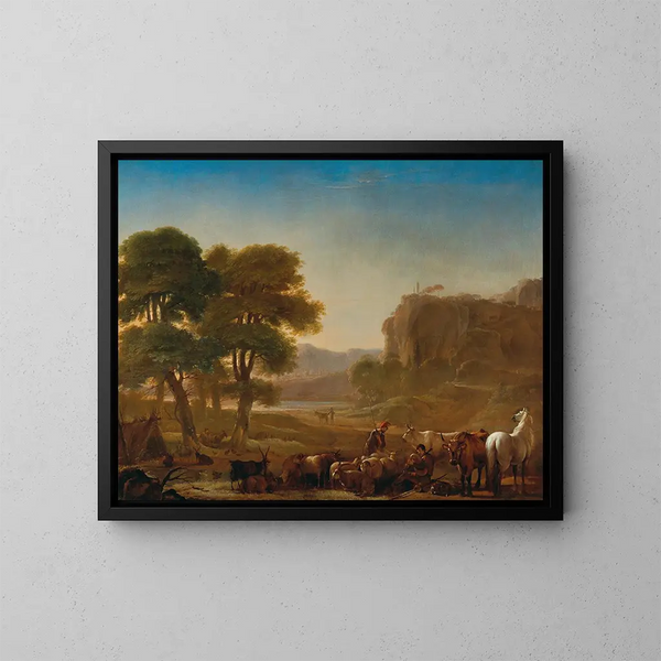 Een uitzicht op het Romeinse platteland met herders die rusten met hun vee - Pieter van Laer — ingelijst kunstwerk aan de muur