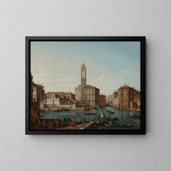 Venice painting with the Grand Canal, S. Geremia and the entrance of Cannaregio - Pietro Bellotti — framed artwork on a wall