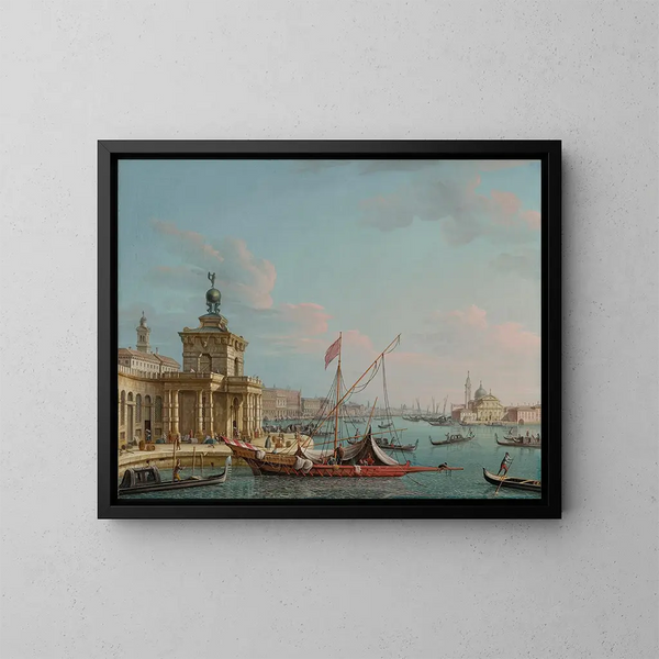 Venice painting with Punta della Dogana view eastward towards the Doge's Palace - Pietro Bellotti — framed artwork on a wall