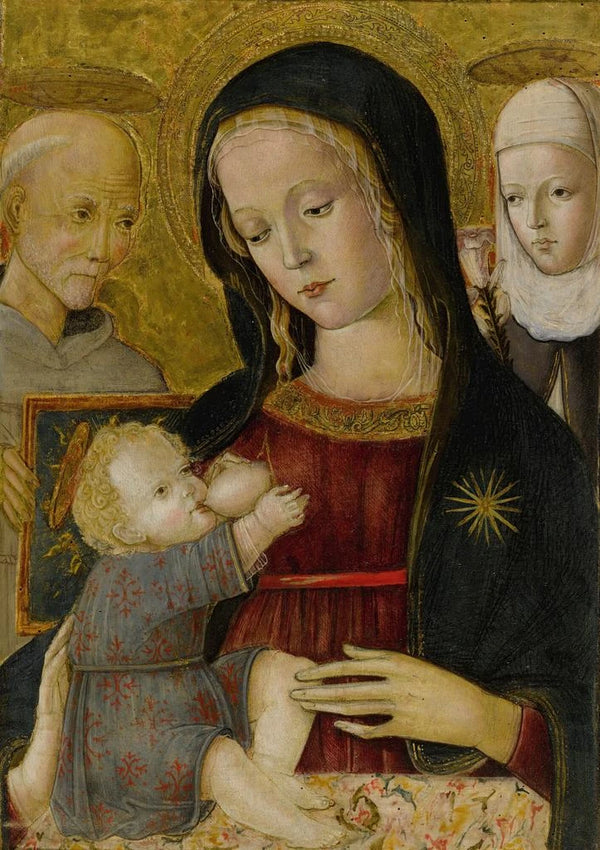 Maagd met Kind met Sint Bernardinus en Sint Catharina van Siena - Pietro di Domenico — ingelijst kunstwerk aan de muur
