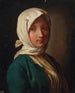 Een meisje met een blauwe jas en een wit foulard - Pietro Rotari — weergave van het kunstwerk