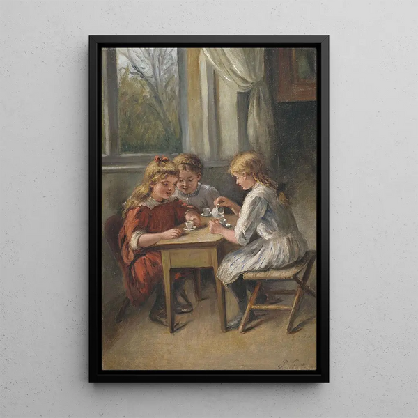 Cafégesprek Kunstdruk Drie meisjes in het kinder café - Pietronella Peters — ingelijst kunstwerk aan de muur