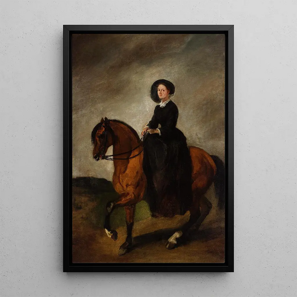 Portrait of Celina, the artist's daughter, on horseback - Piotr Michałowski — framed artwork on a wall