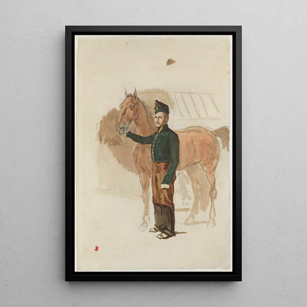 Stable Hand with a Horse - Piotr Michałowski — framed artwork on a wall