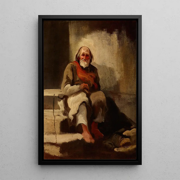 Study of an Old Man Sitting on the Stairs - Piotr Michałowski — framed artwork on a wall
