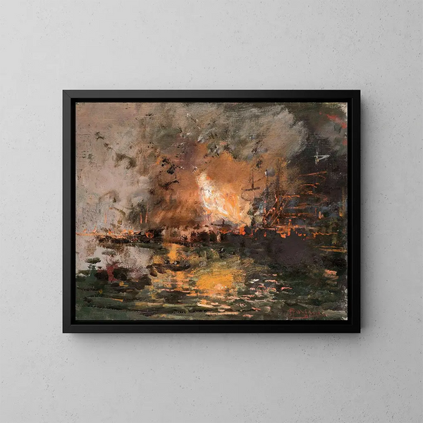 Bateau en feu dans un port - Pompeo Mariani — framed artwork on a wall