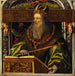 portret van de geïdealiseerde keizer Justinianus - Cirkel van Ambrosius Holbein — gepresenteerd in een interieur
