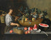 Natuurgetuigenis van druiven, meloenen en granaatappels op een stenen rand met een figuur die een mand vasthoudt links - Pseudo Pietro Paolo Bonzi — weergave van het kunstwerk